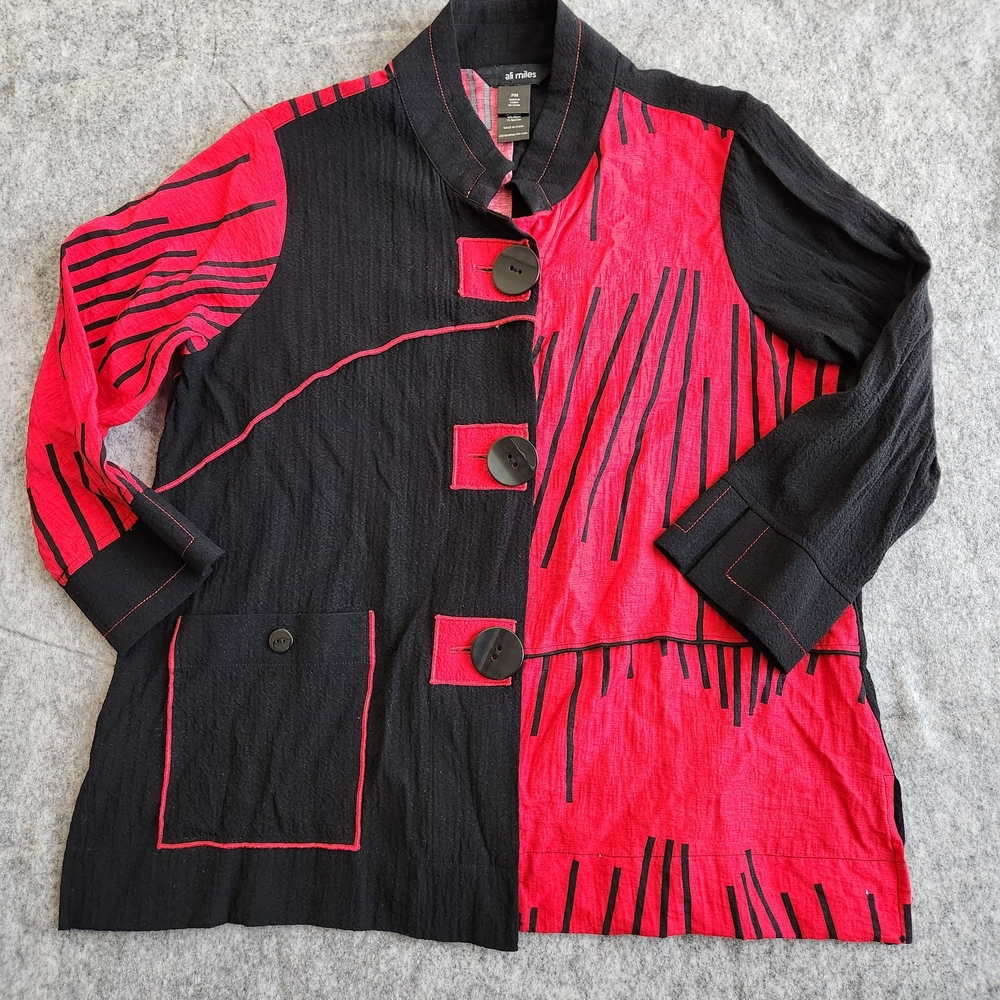 Ali Miles Seersucker Colorblock Tunic Top Women's M Petite Red Black Button Down